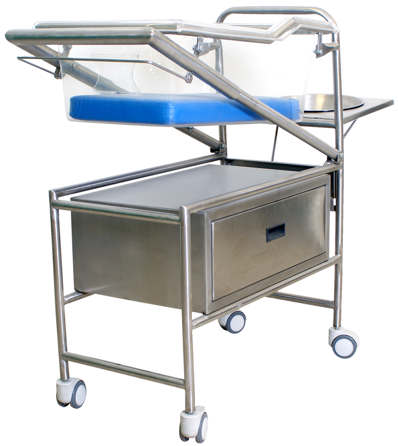Carro cuna Basinet neumatico frabricado en acero inoxidable con cajón EC03001 - RIESTER MEXICO
